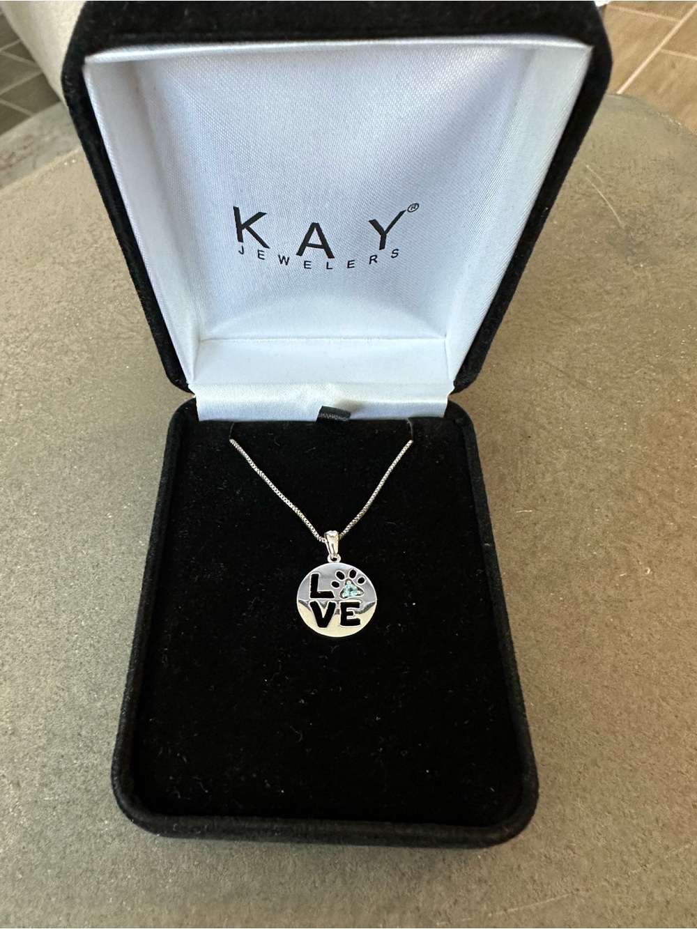 Kay Jewelers Sterling Silver 'Pet LOVE' Blue Topaz Paw Print Necklace